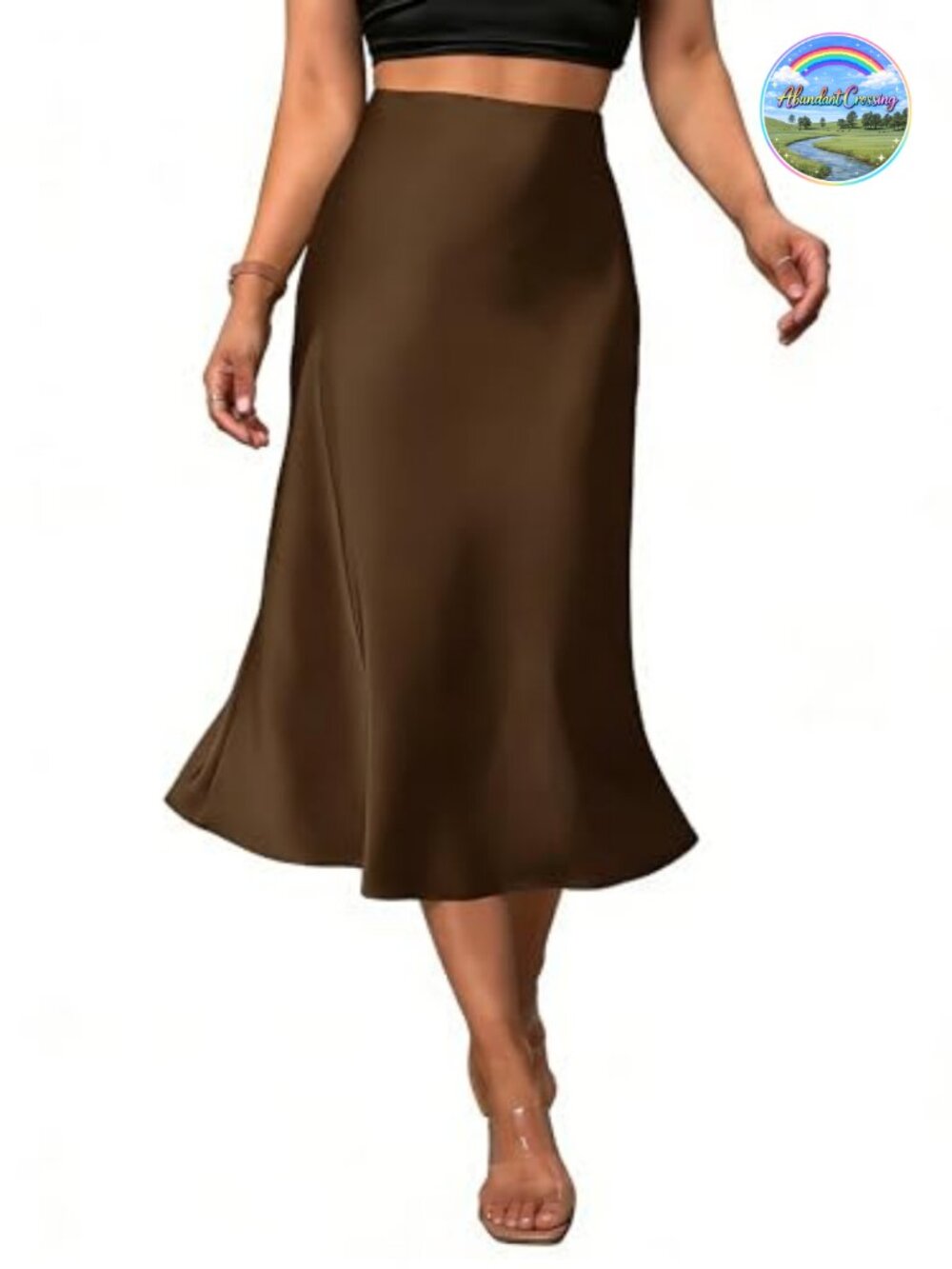 Women's Satin Midi Skirt High Waisted A Line Fishtail Hem Elegant Party